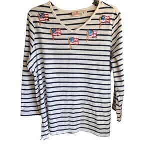 QUAKER FACTORY navy blue stripe 3/4 sleeve jersey knit flag bling v neck sz L